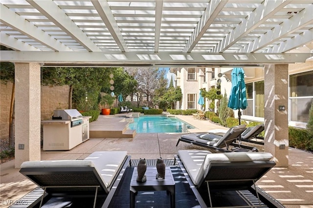 outdoor pool featuring a patio, grilling area, area for grilling, outdoor dining space, and a pergola