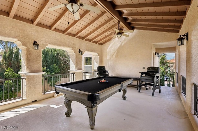 playroom featuring high vaulted ceiling, pool table, wood ceiling, a ceiling fan, and beam ceiling