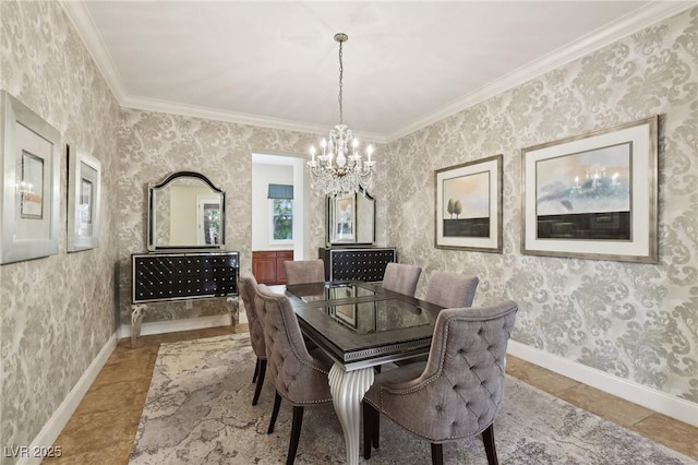 tiled dining space with a chandelier, ornamental molding, baseboards, and wallpapered walls