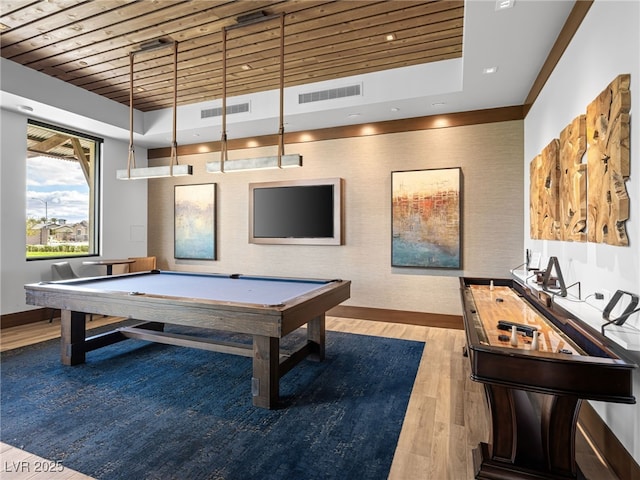 game room with a tray ceiling, wooden ceiling, wood finished floors, and visible vents