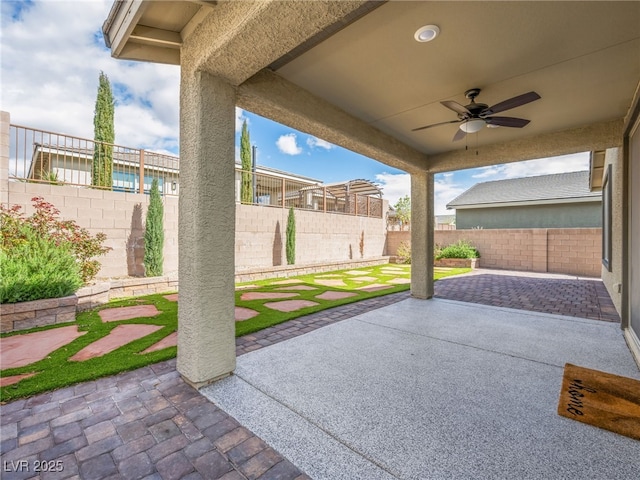 view of patio / terrace featuring a ceiling fan and a fenced backyard