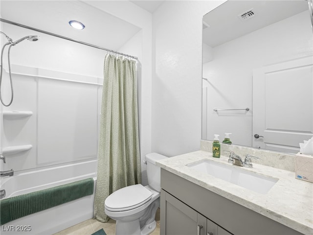 full bath with visible vents, toilet, tile patterned floors, shower / bath combo with shower curtain, and vanity