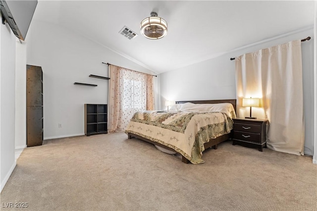 carpeted bedroom with visible vents, baseboards, and lofted ceiling