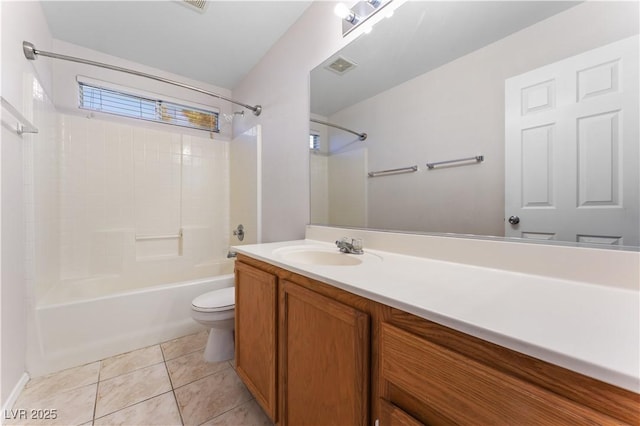 full bathroom featuring tile patterned floors, visible vents, toilet, shower / tub combination, and vanity