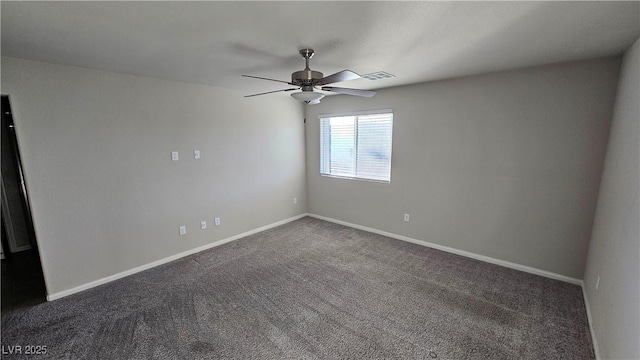 empty room featuring ceiling fan, carpet flooring, visible vents, and baseboards