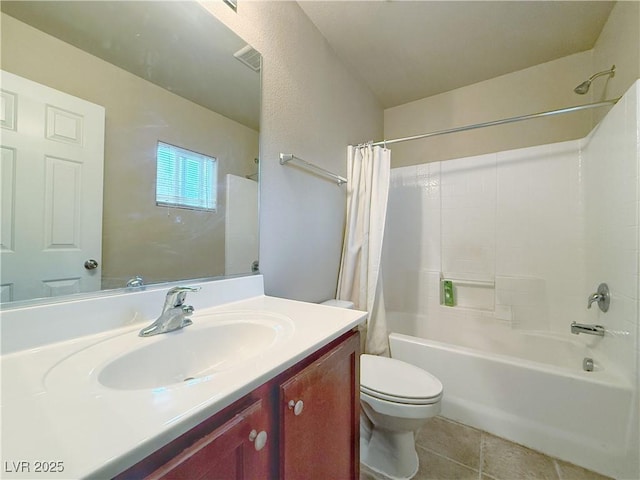 bathroom with visible vents, toilet, tile patterned floors, shower / bath combination with curtain, and vanity