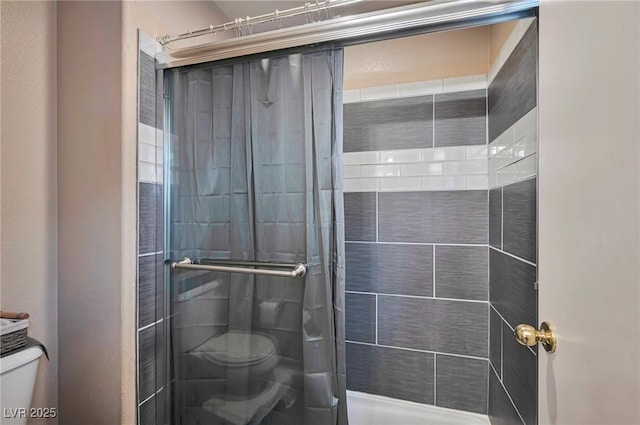 full bathroom featuring toilet and a shower stall