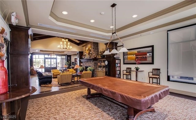 game room featuring recessed lighting, a fireplace, billiards, ornamental molding, and a raised ceiling