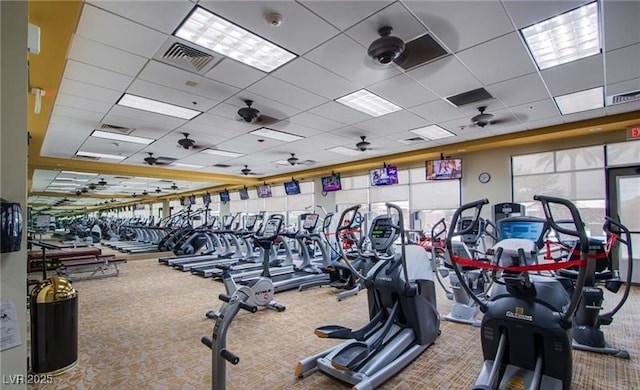 gym with carpet, a drop ceiling, and visible vents