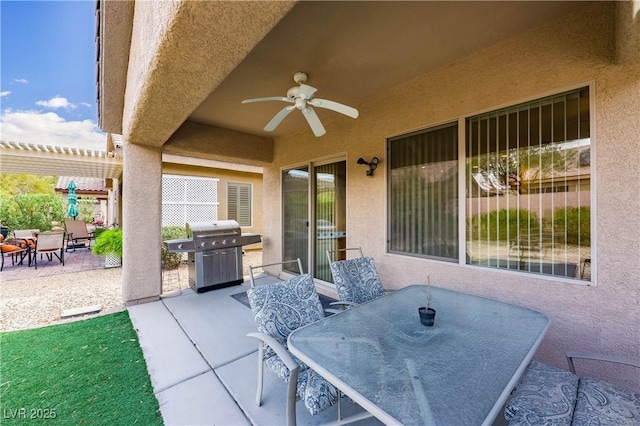 view of patio / terrace featuring ceiling fan, a grill, outdoor dining area, and a pergola