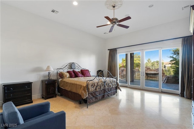 bedroom featuring access to outside, visible vents, a ceiling fan, and recessed lighting