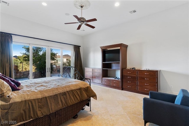 bedroom with access to outside, recessed lighting, visible vents, and a ceiling fan