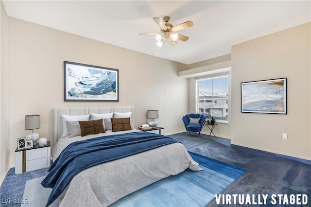 carpeted bedroom with baseboards and a ceiling fan