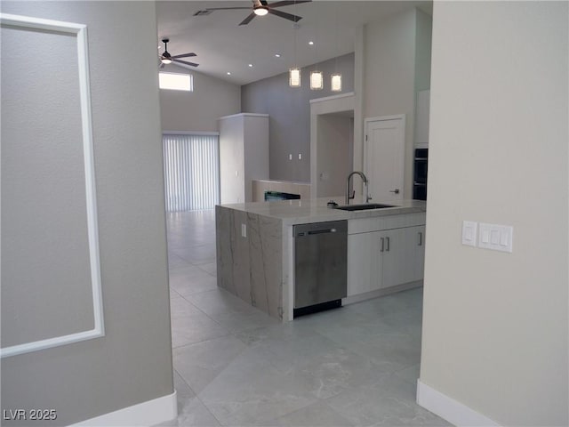 kitchen with a ceiling fan, open floor plan, a sink, high vaulted ceiling, and dishwasher