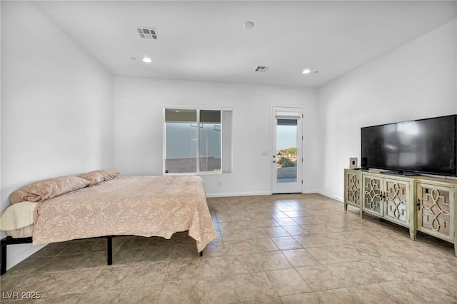 tiled bedroom featuring access to exterior, baseboards, visible vents, and recessed lighting