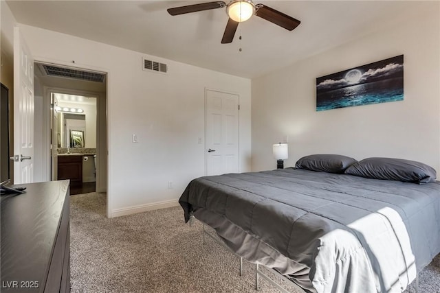 carpeted bedroom featuring visible vents, ceiling fan, and baseboards