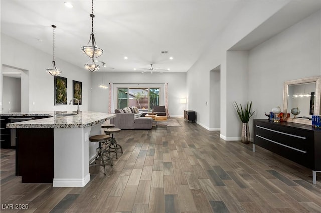 kitchen featuring open floor plan, wood finish floors, a sink, and light stone countertops