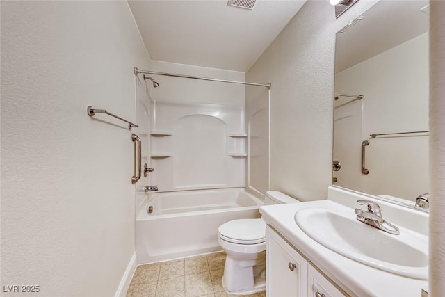 full bath with tile patterned flooring, toilet, visible vents, vanity, and washtub / shower combination