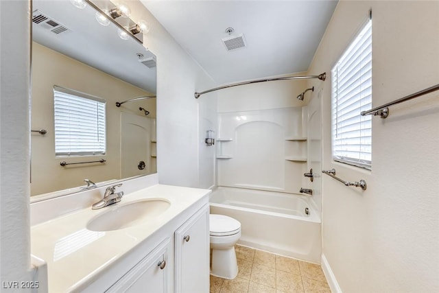 full bath featuring toilet, shower / bathtub combination, vanity, and visible vents