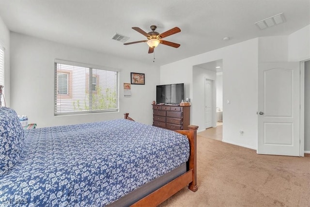 bedroom with ceiling fan, visible vents, and carpet flooring