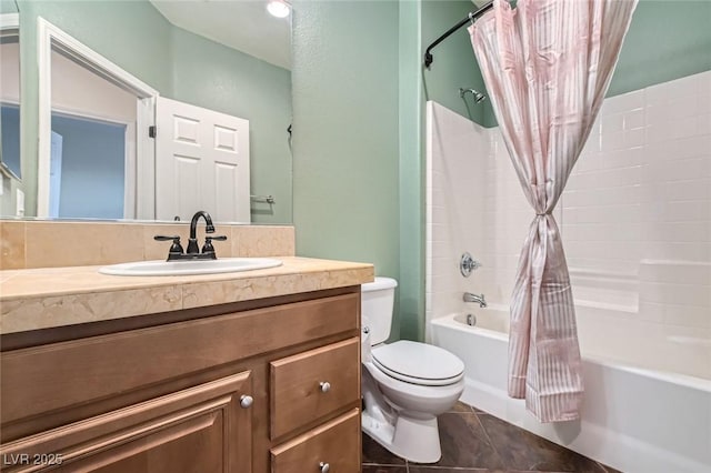 full bathroom with toilet, tile patterned flooring, shower / bath combo with shower curtain, and vanity