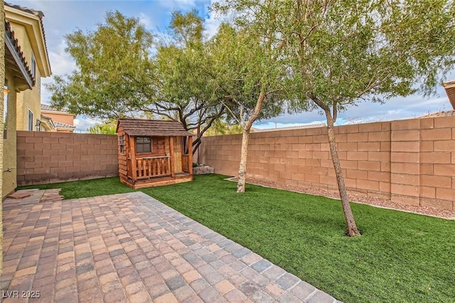 view of yard with a patio area, a storage shed, an outdoor structure, and a fenced backyard