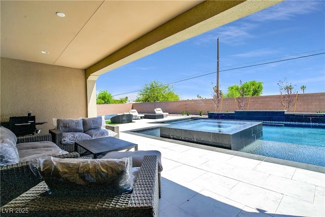 view of swimming pool featuring a patio area, a fenced backyard, an outdoor hangout area, and a fenced in pool