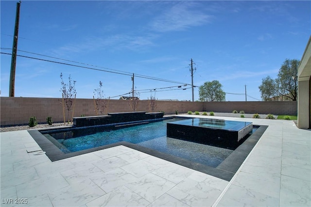 view of pool with a fenced in pool, a fenced backyard, a patio, and an in ground hot tub