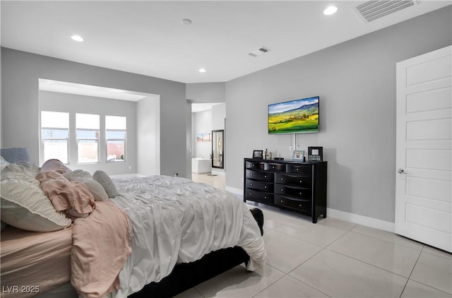 bedroom with recessed lighting, visible vents, and light tile patterned flooring