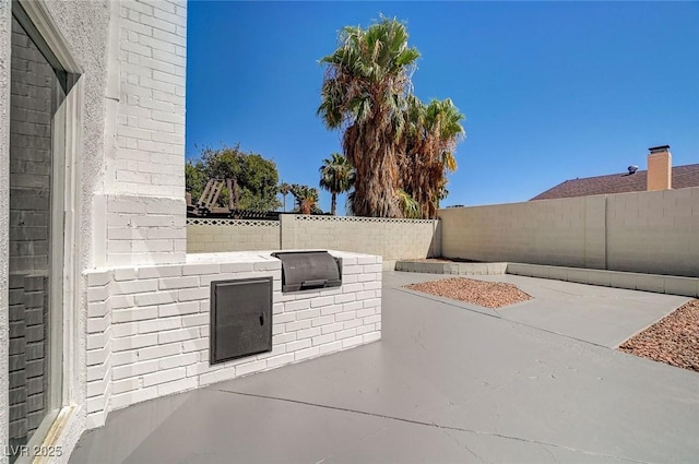 view of patio / terrace with a fenced backyard and an outdoor kitchen