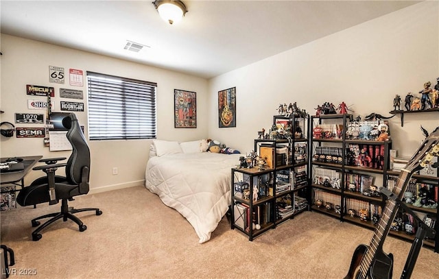 bedroom with baseboards, visible vents, and carpet flooring