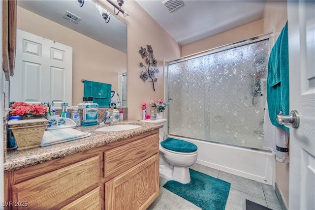 full bath with enclosed tub / shower combo, visible vents, toilet, and vanity