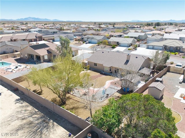 aerial view featuring a residential view and a mountain view