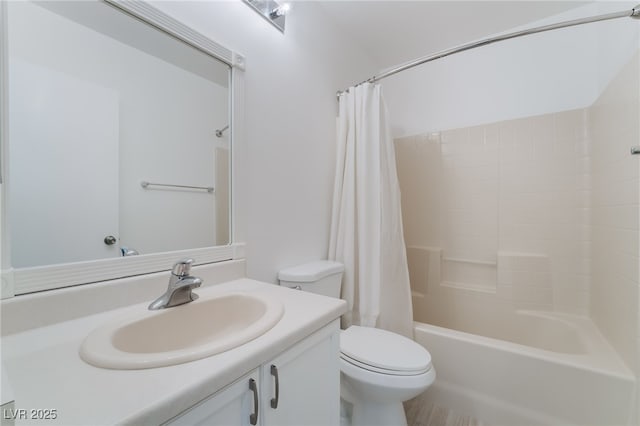 bathroom with toilet, shower / tub combo with curtain, and vanity