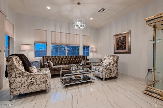 living room featuring baseboards, an inviting chandelier, visible vents, and recessed lighting