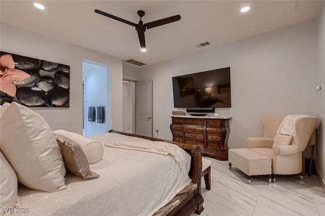 bedroom featuring marble finish floor, ceiling fan, visible vents, and recessed lighting