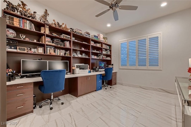 home office with recessed lighting, a ceiling fan, baseboards, marble finish floor, and built in study area