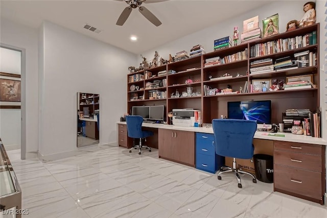 home office featuring marble finish floor, ceiling fan, visible vents, and recessed lighting