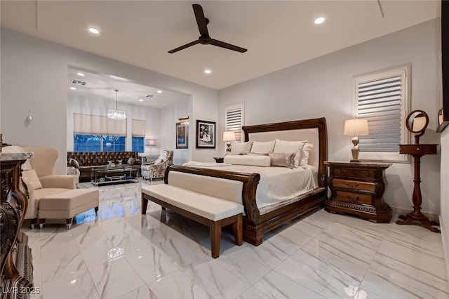 bedroom with marble finish floor, ceiling fan with notable chandelier, visible vents, and recessed lighting