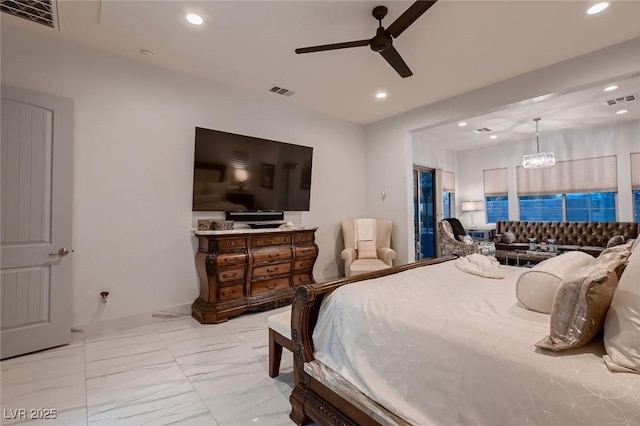 bedroom with marble finish floor, visible vents, and recessed lighting