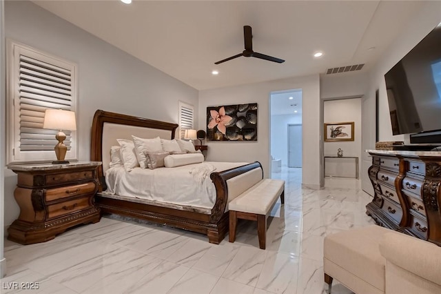 bedroom featuring marble finish floor, recessed lighting, visible vents, ensuite bathroom, and ceiling fan