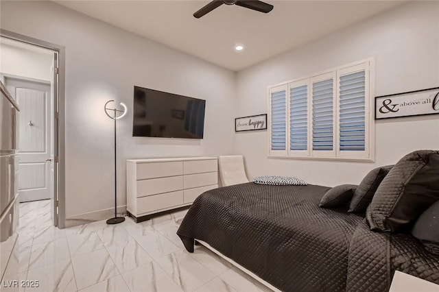 bedroom with a ceiling fan, recessed lighting, marble finish floor, and baseboards