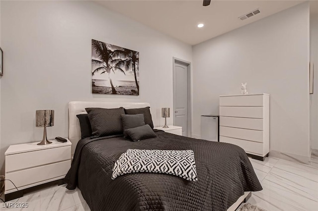 bedroom featuring baseboards, visible vents, ceiling fan, and recessed lighting