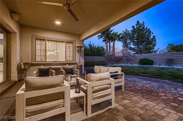 view of patio with a fenced backyard and an outdoor living space