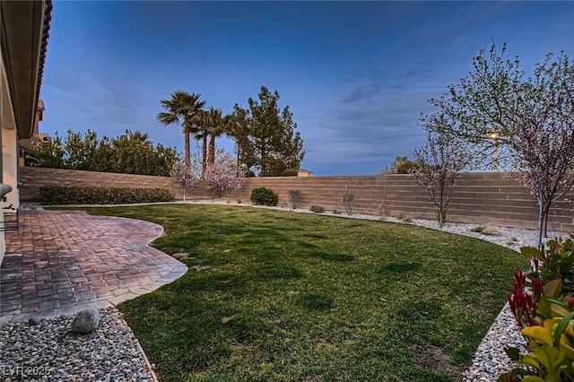 view of yard featuring a patio area and a fenced backyard