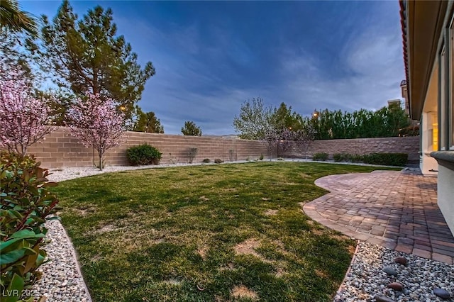 view of yard featuring a fenced backyard and a patio