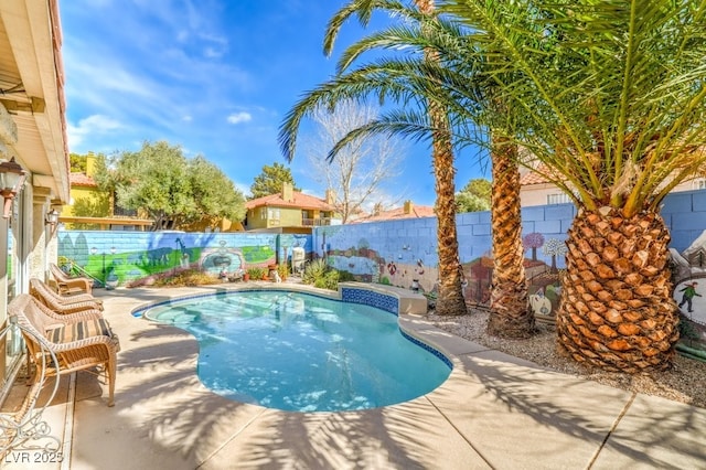 view of swimming pool featuring a fenced backyard, a fenced in pool, and a patio