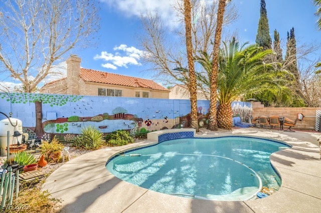 view of pool featuring a patio area, a fenced backyard, and a fenced in pool