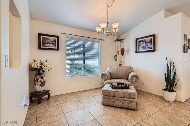 living area featuring an inviting chandelier, baseboards, vaulted ceiling, and light tile patterned flooring