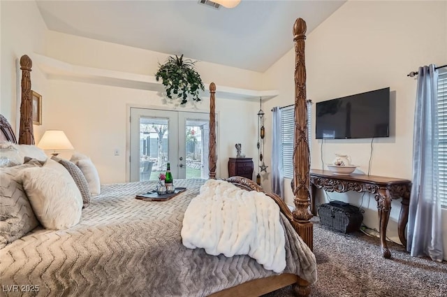 bedroom featuring vaulted ceiling, access to outside, french doors, and carpet